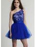 Royal Blue Tulle Lace One Shoulder Knee Length Prom Dress